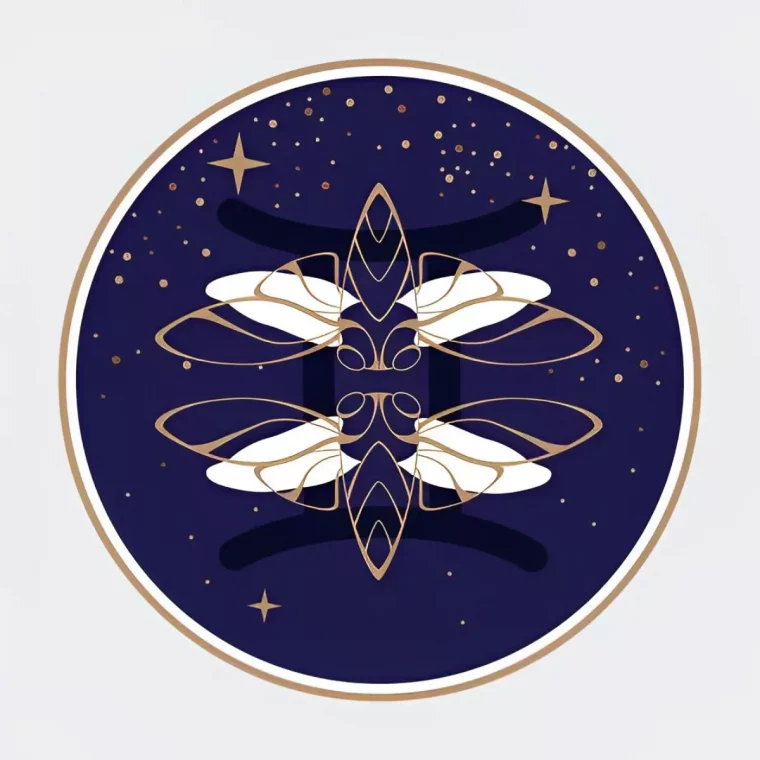 le symbole du signe du gemeaux sur fond de ciel etoile inscrit dans un cercle