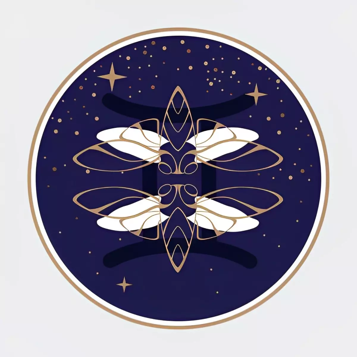 le symbole du signe du gemeaux sur fond de ciel etoile inscrit dans un cercle