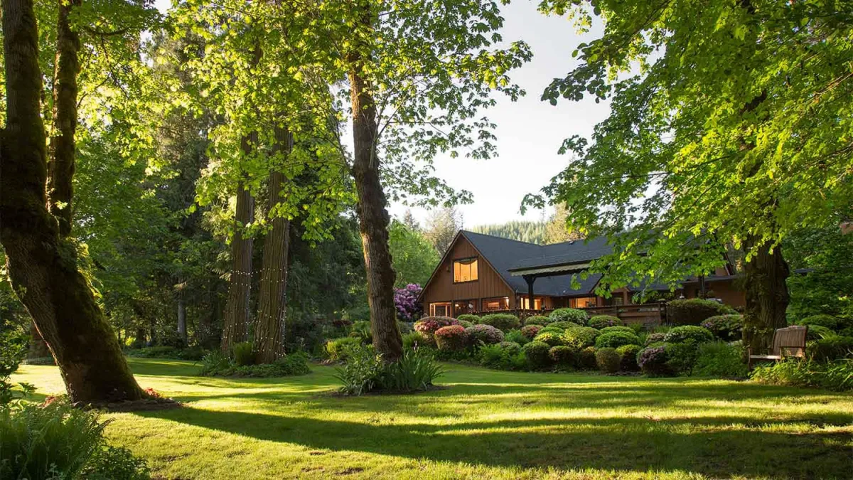 maison en bois arbuste et pelouse verte