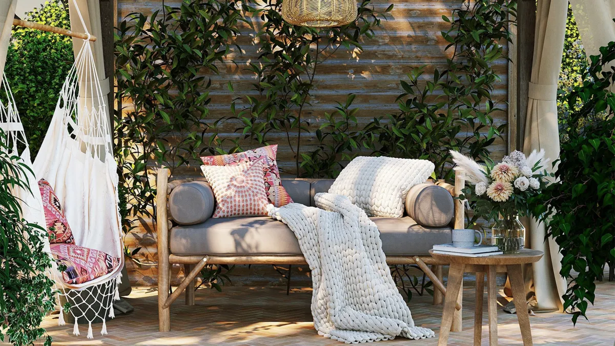 meuble de jardin bambou canape coussins decoratifs table bois