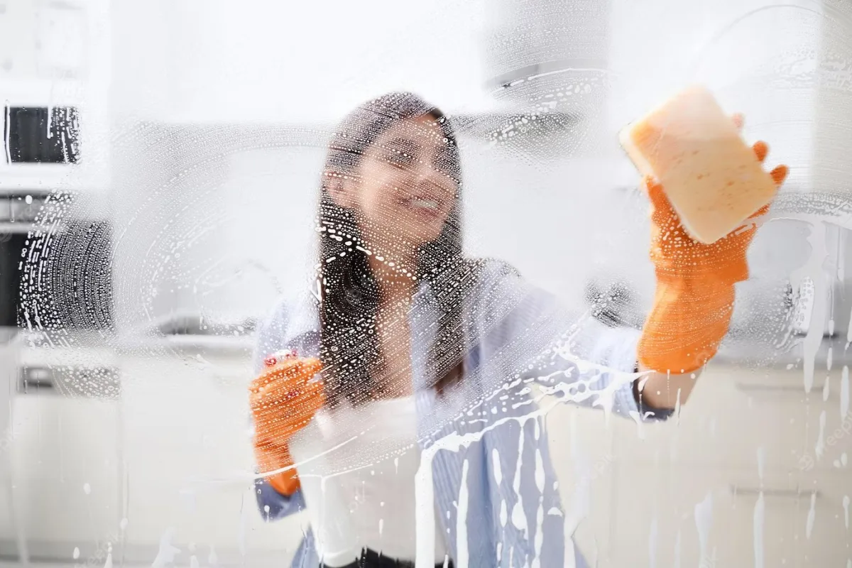 nettoyage paroi douche gants protection eponge femme eau savonneuse