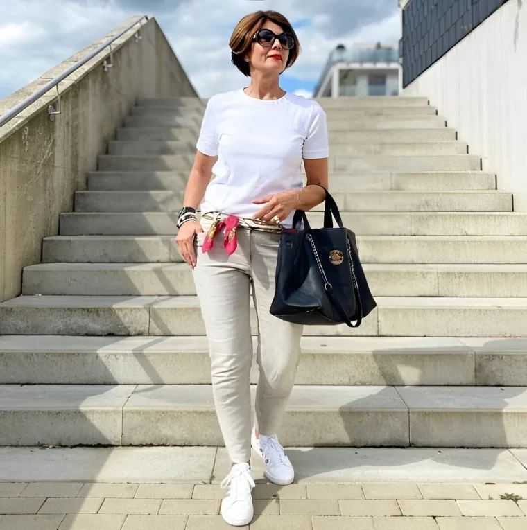 pantalon femme baskets blanches t shirt blanc echarpe accessoire