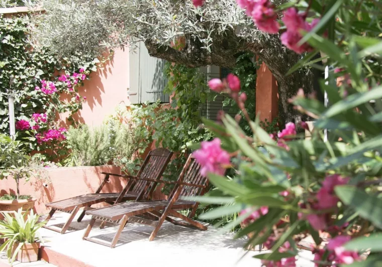 que planter au pied de laurier rose un cour avec deux chaises longues en bois