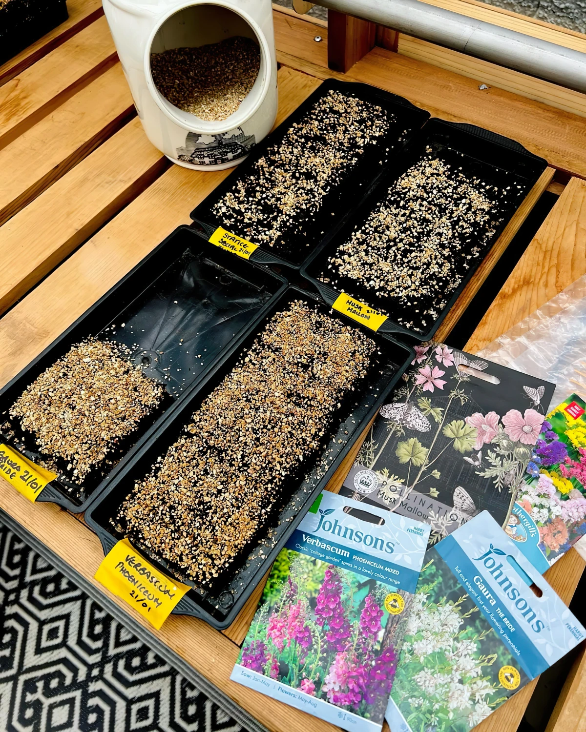 table bois surface semis de graines fleurs de jardin paquets
