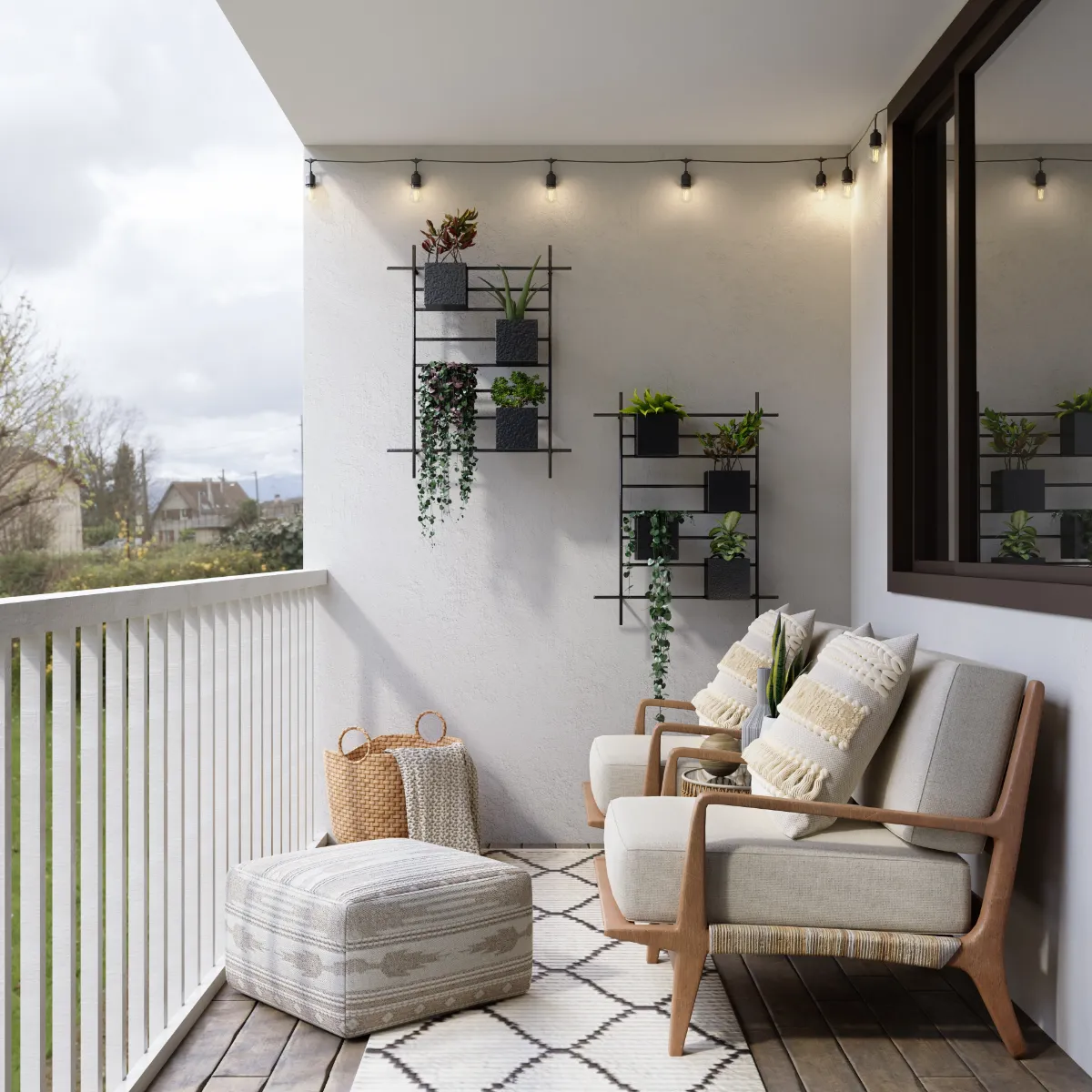 aménager un balcon cocooning avec canapé de bois coussins d assise gris tapis gris et blanc