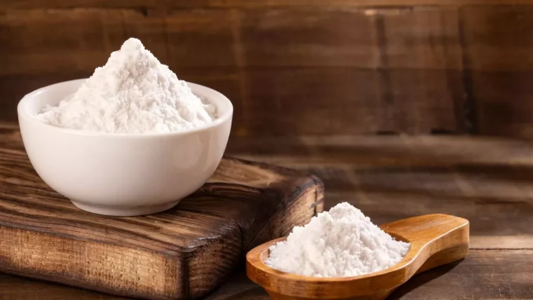 bicarbonate de soude dans un bol blanc et dans une cuillère en bois