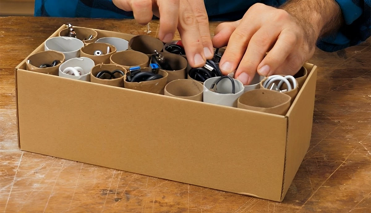 boite en carton avec des rouleaux de papier toilette forment des cellules pour ranger des petits objets