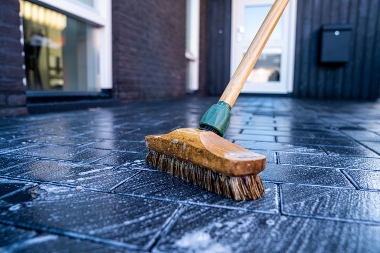 horizontal,close up,image,of,broom,cleaning,dark,concrete,block,floor