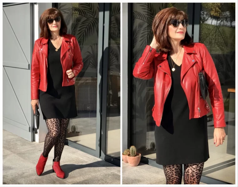 comment porter la veste en cuir rouge robe noir femme 50 ans