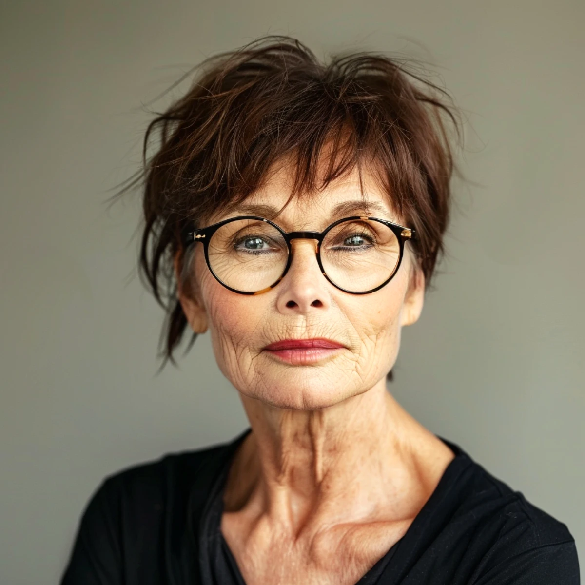 coupe de cheveux court femme 70 ans cheveux fins et bruns lunettes