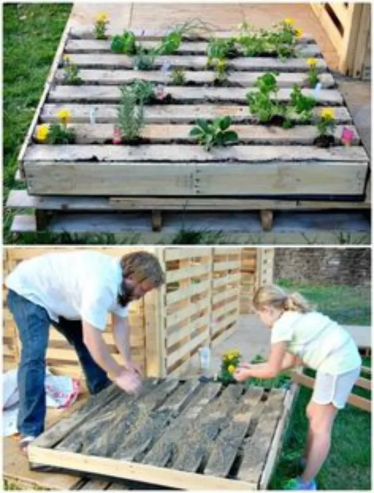 fabriquer bac jardinage surélevé homme et fille sement dans unepalette