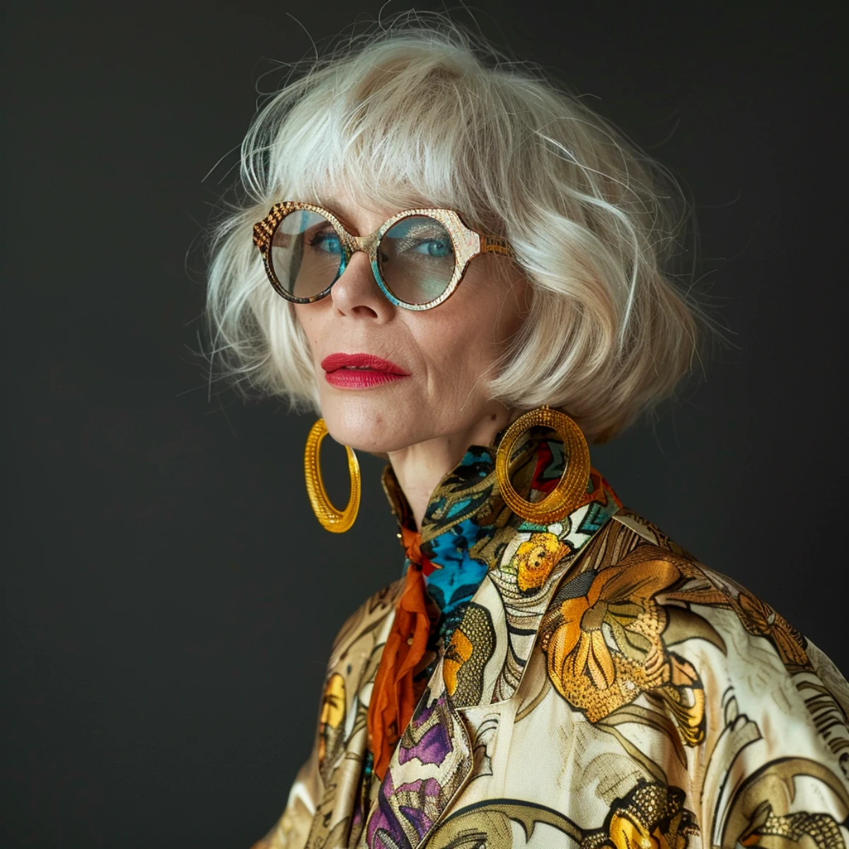 femme de 70 ans cheveux courts lunettes de soleil veste en couleur