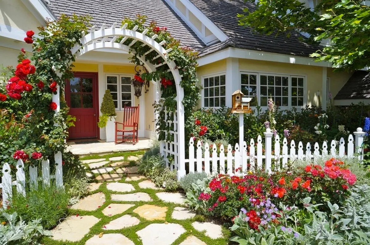 fleurs à semer en avril mai rosier surpergola devant maison blanche