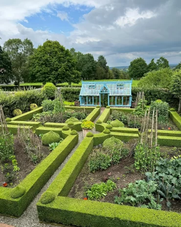 serre en forme de maison en bleu carres potager entoures de petites haies