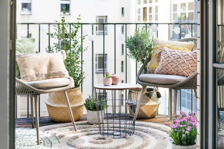 tapis chaises et petite table poubelle exemple de décoration balcon cocooning avec plantes