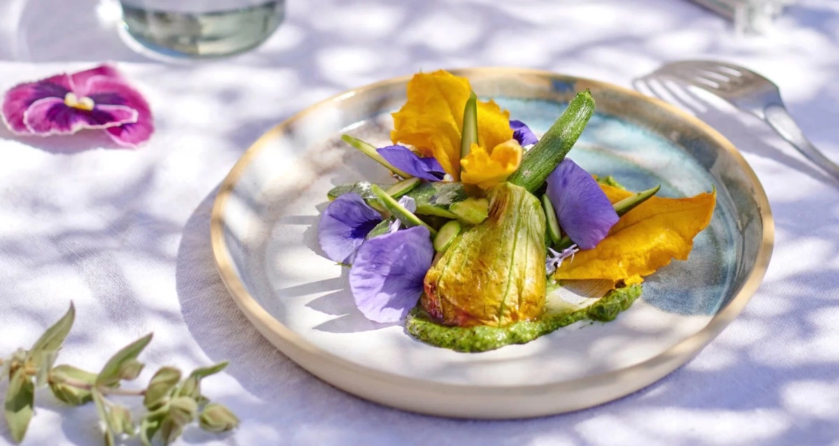 salade fleurs et fleur de courgette avec la courgette dans une assiette claire sur une nappe couleur pastel