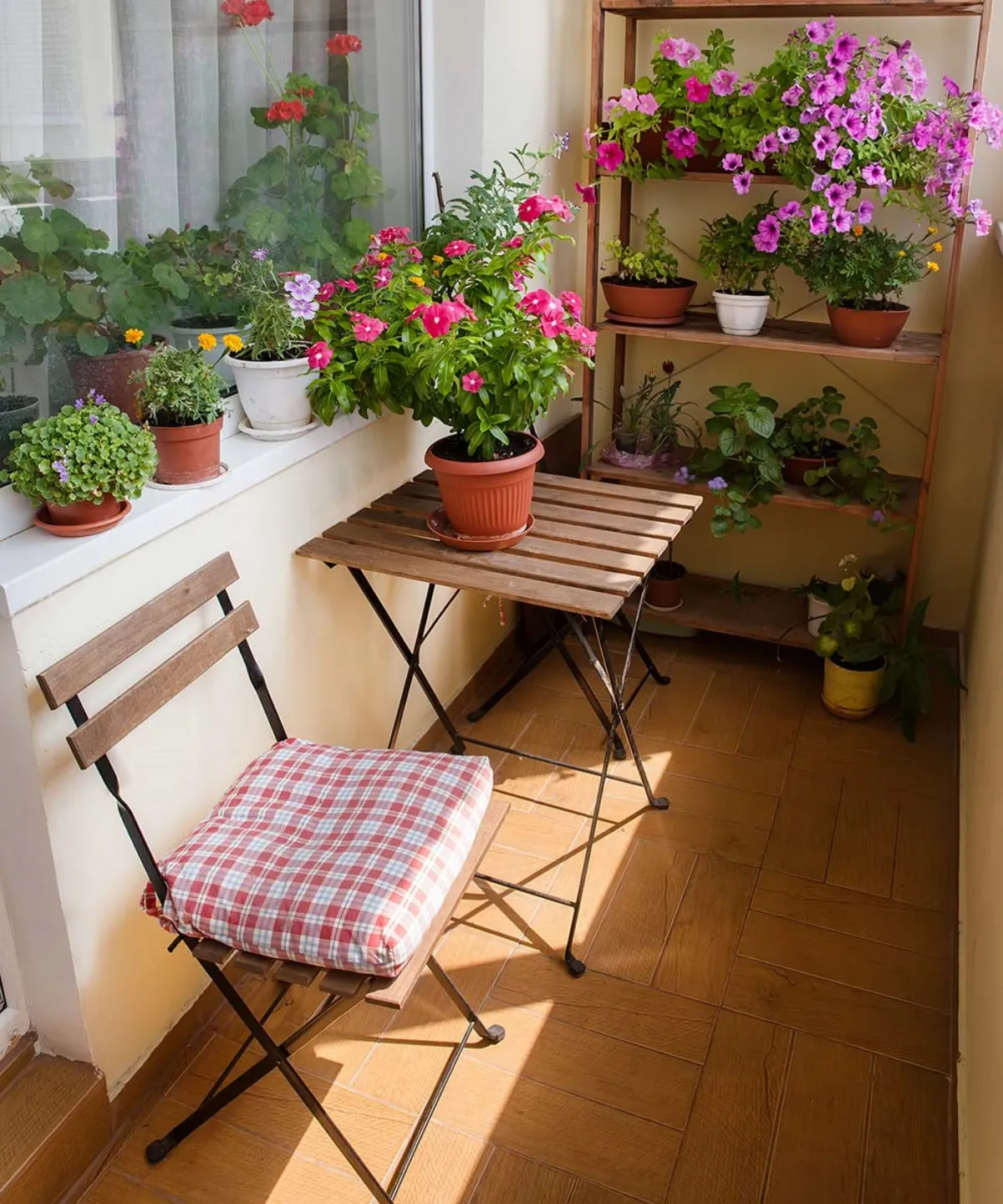 amenager balcon en longueur plantes sur etageres