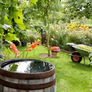 baril en bois rempli d eau de pluie sous une gouttiere dans un jardin verdoyant