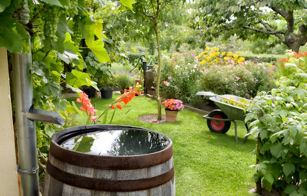 baril en bois rempli d eau de pluie sous une gouttiere dans un jardin verdoyant