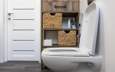 deco toilette blanche carrelage gris anthracite rangement panier fibre naturelle tiroirs bois