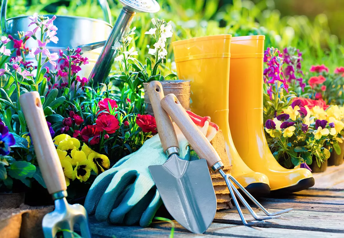 des bottes jaunes et des outils de jardin neufs devant une allee fleurie