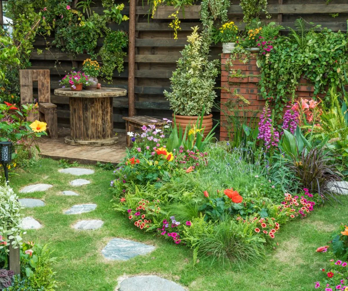 design mimimaliste petit jardin avec chemin parterres et coin repos rustique