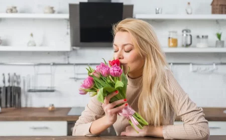 femme cuisine blanche et bois bouquet tulipes roses rouges manucure vernis ongles