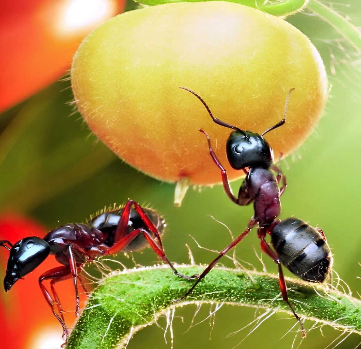 gros plan sur une fourmis soulevant une baie jaune a cote d une autre fourmis sur une branche fine verte