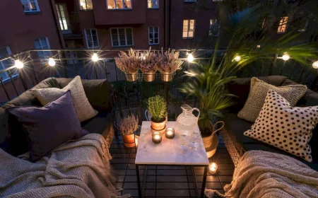 idee d amenagement de terrasse guirlande lumineuse et canapes avec coussins