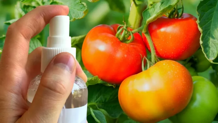 le meilleur engrais pour les plants de tomates vaporisateur dans une main sur tomate
