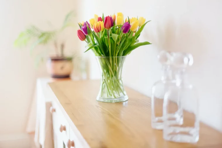 meuble bois tiroirs contenants verre vase bouquet tulipes
