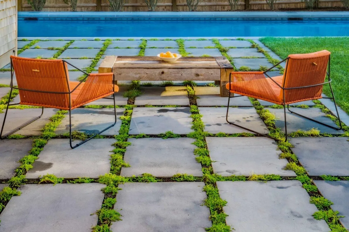 meuble jardin bureau bois chaises oranges dalles beton fissures plantes vertes