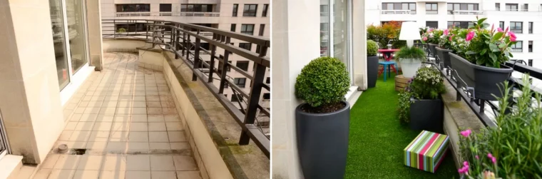 pelouse terrasse artificielle gazon synthetique balcon jardiniere suspendue noire