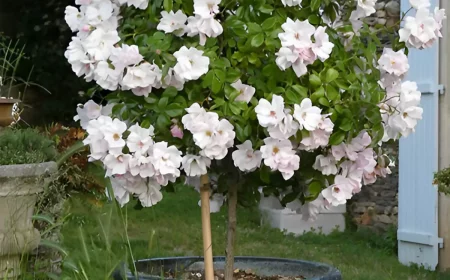 rosier blanc tige en pot dans un jardin soutenu par un tuteur en bamboo