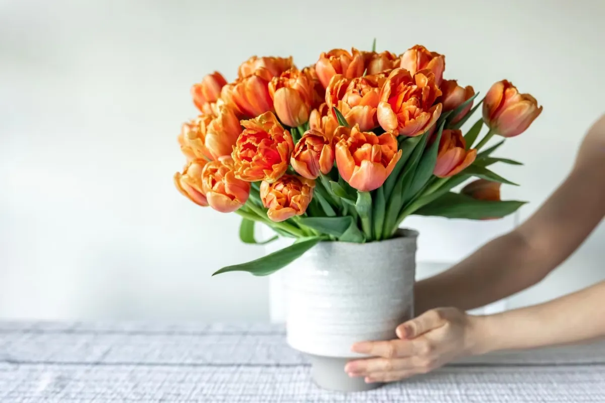 tulipe variete vase nappe bleu et blanc mains femme composition florale
