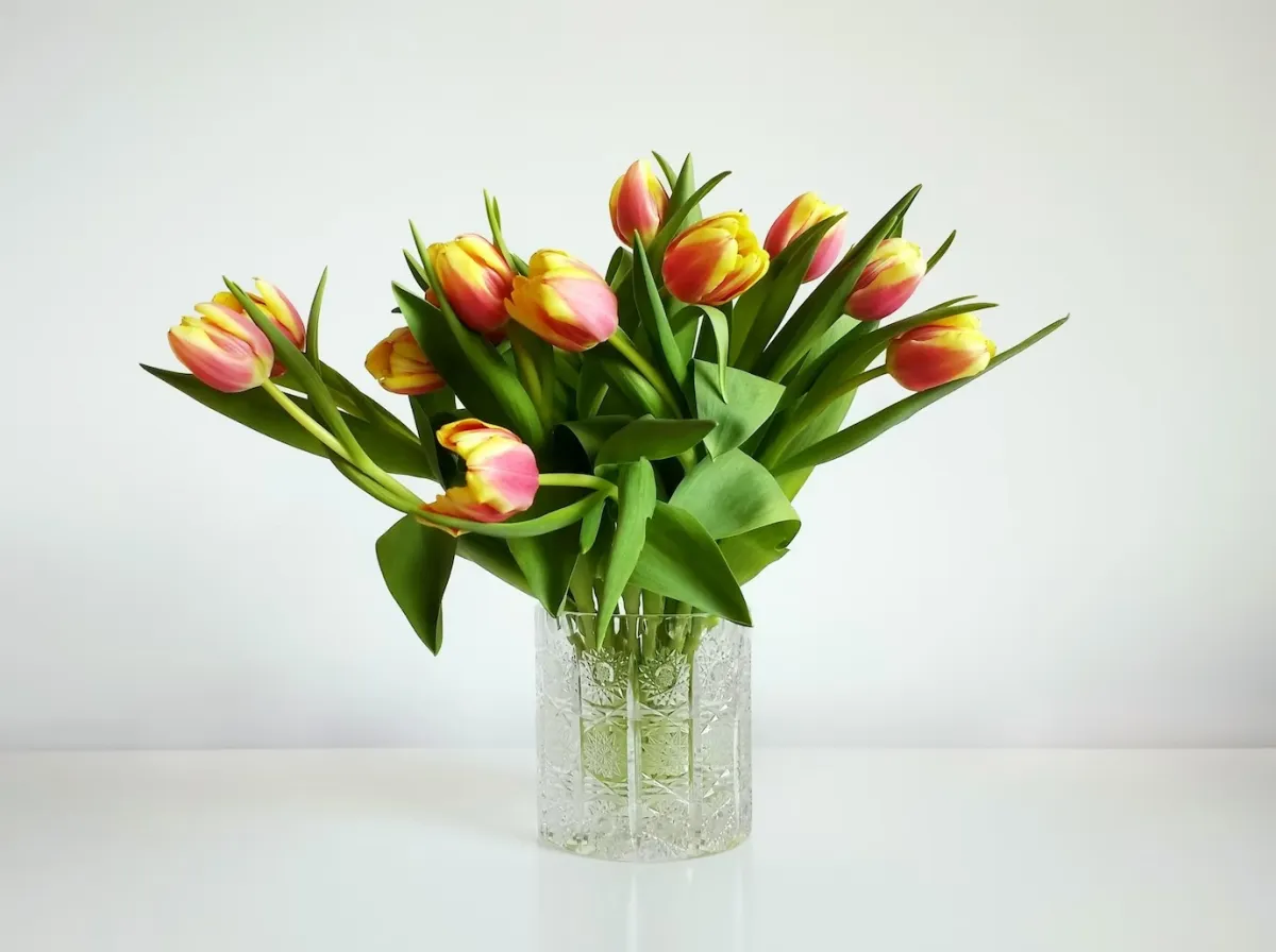 vase transparent bouquet de tulipes multicolores jaune et orange