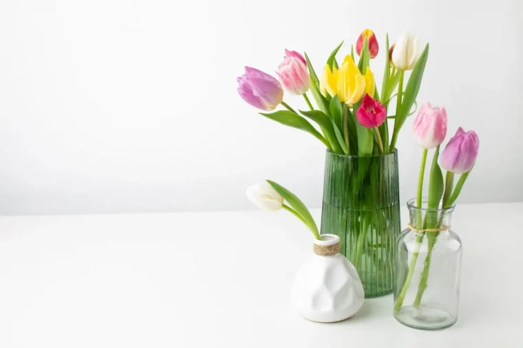 vase transparent contenant bouquet fleurs tulipes eau ficelle