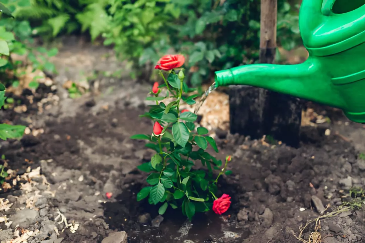 arrosage d un rosier rouge avec un arrosoir vert devant une pelle enfoncee dans le sol