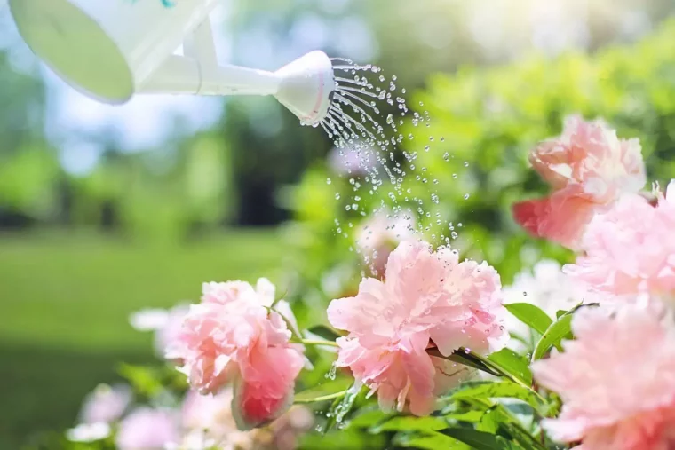 arrosage de fleurs roses avec un petit arrosoir blanc