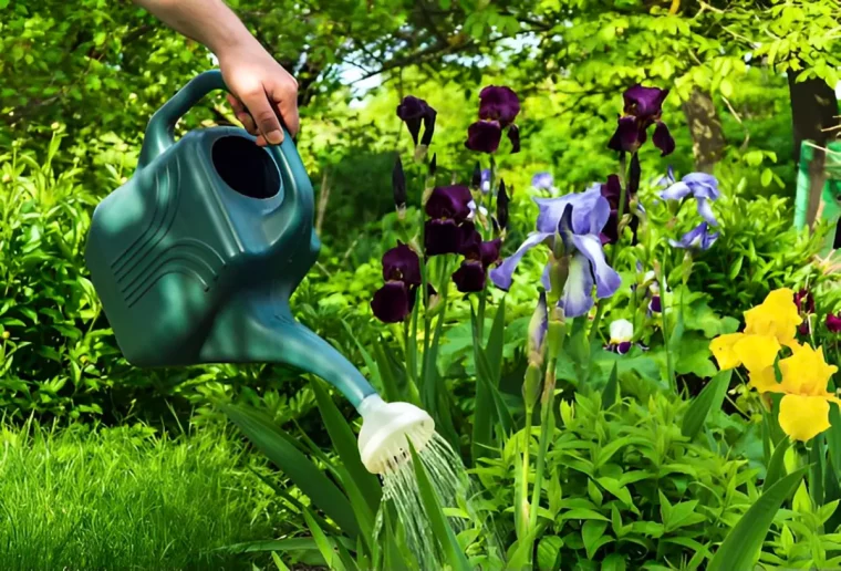 arrosage des iris violets lilas et jaunes avec un arrosoir vert sur fond de verdure abondante