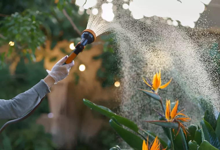 arrosage des oiseaux de paradis avec un jet de pluie