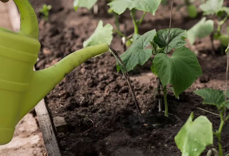 arrosage par un arrosoir au pied du concombre