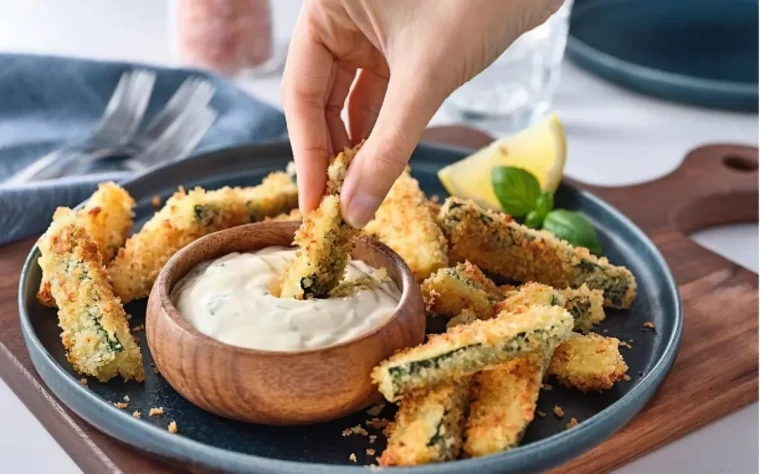 batonnets de courgettes avec de la sauce au yaourt