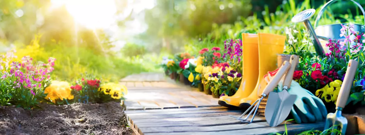 bottes jaunes et des outils de jardinage sur un cheminement en bois dans un jardin fleuri