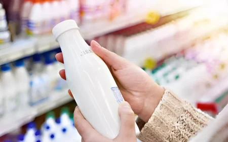 bouteille de lait avec une date de peremption tenue dans les deux mains devant un rayon au supermarche