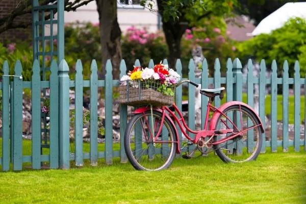 cloture bois vert couleur decoration jardin velo panier plantes fleuries