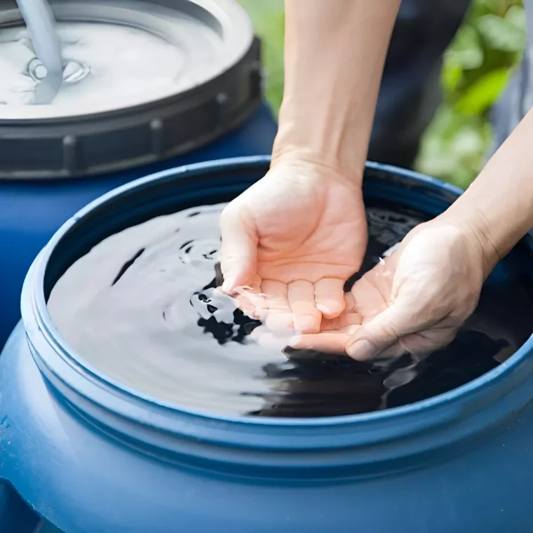 eau de pluie recuperee dans des bidons bleues et deux mains qui brassent l eau