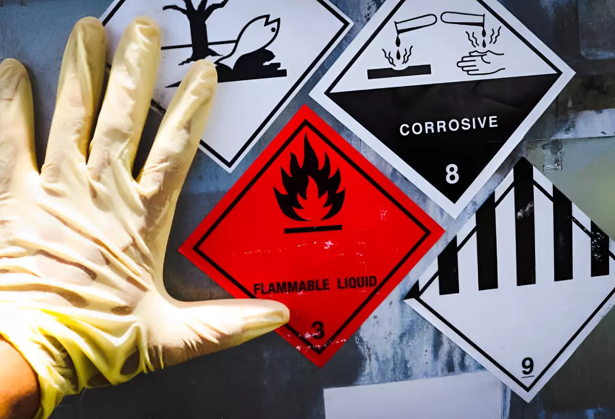 main gantee posee sur une surface avec des symboles de substances chimiques corrosives et inflammables