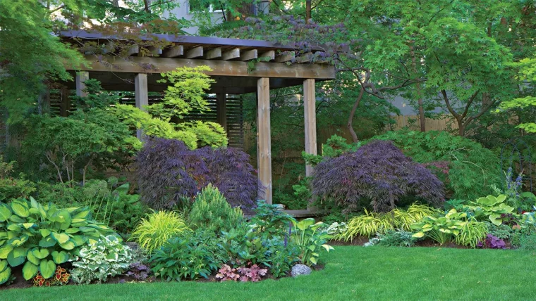 pergola en bois pelouse massif fleurs et arbustes