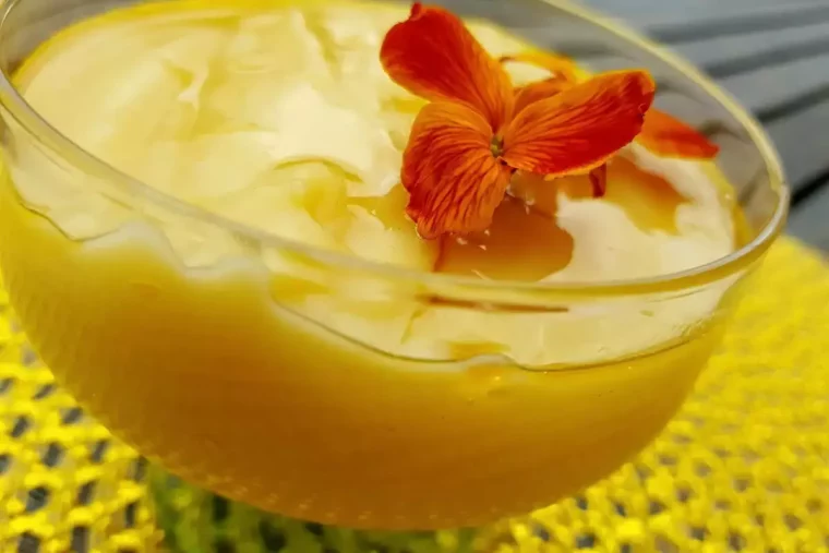 pudding dans un verre couleur jaune avec une fleur rouge sur fond jaune